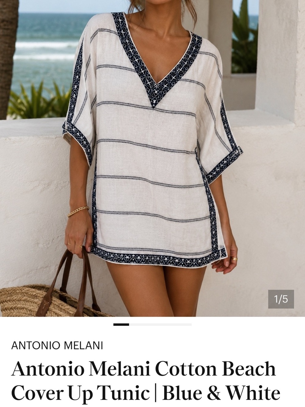 ANTONIO MELANI cotton beach cover up Tunic with Navy Embroidered trim